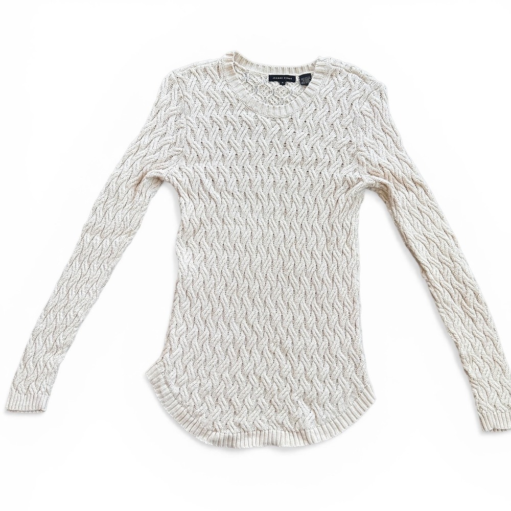 Jeanne‎ Pierre Cable Knit Sweater Womens Small Cream Excellent Cotton Curved Hem